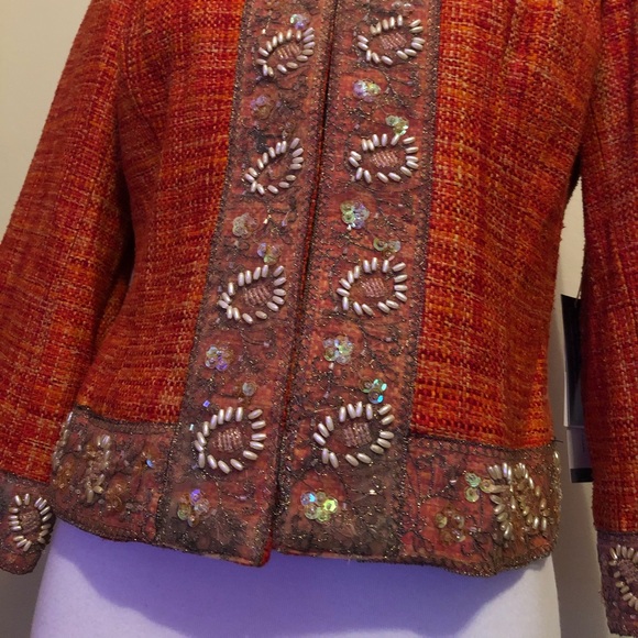 Josephine Chaus Orange Tweed Beaded Blazer Jacket - Picture 5 of 14